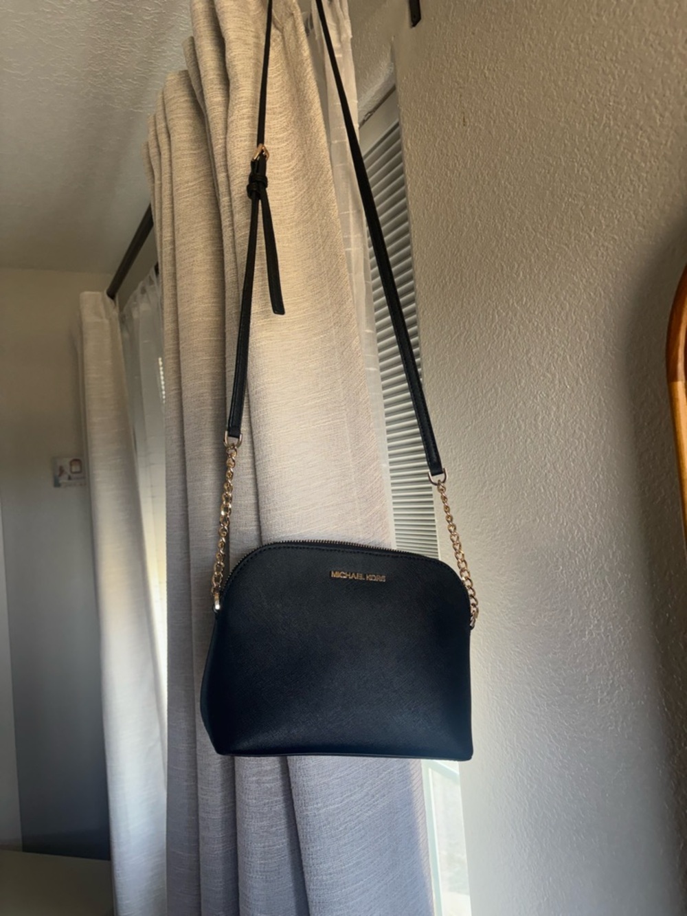 Michael Kors Black Leather Crossbody with Gold Chain